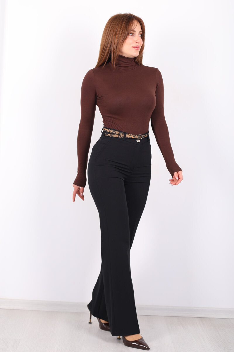 Leopar Kemerli İspanyol Paça Siyah Kadın Kumaş Pantolon - 1