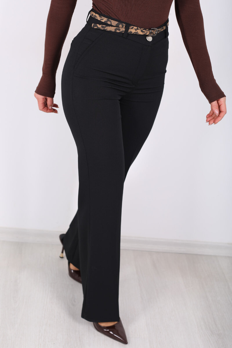 Leopar Kemerli İspanyol Paça Siyah Kadın Kumaş Pantolon - 2