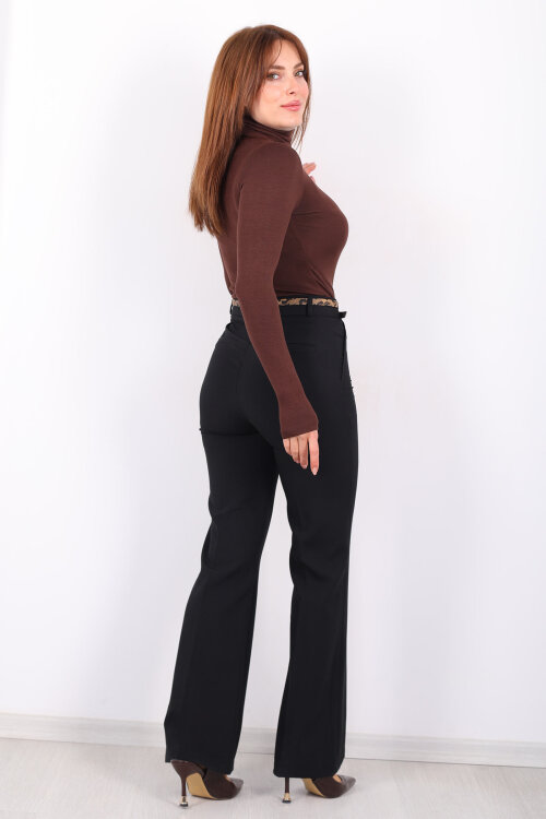 Leopar Kemerli İspanyol Paça Siyah Kadın Kumaş Pantolon - 5