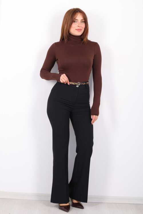 Leopar Kemerli İspanyol Paça Siyah Kadın Kumaş Pantolon - 3