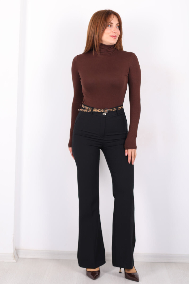 Leopar Kemerli İspanyol Paça Siyah Kadın Kumaş Pantolon - 6