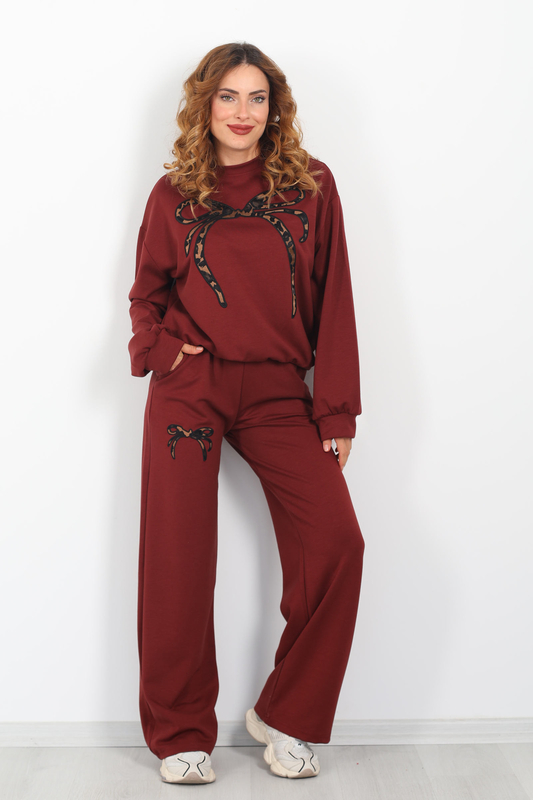 Leopar Nakışlı Modal Bordo Kadın Eşofman Takım - 1