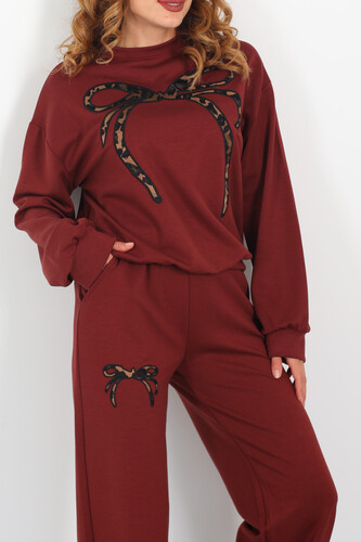 Leopar Nakışlı Modal Bordo Kadın Eşofman Takım - 4