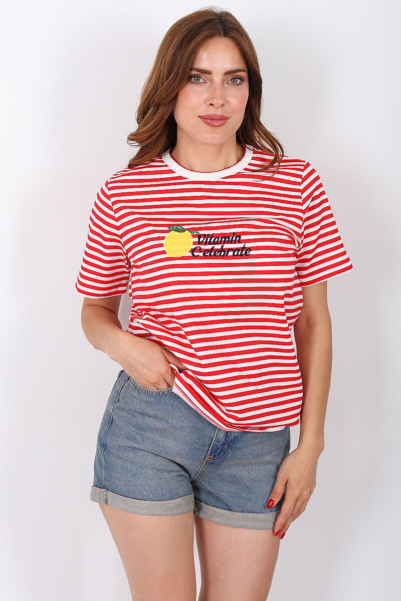 Limon Baskılı Çizgili Kırmızı Kadın T-Shirt - 5