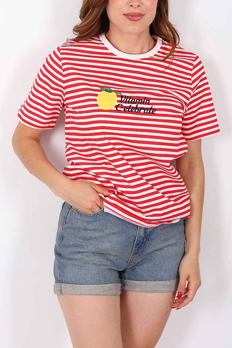Limon Baskılı Çizgili Kırmızı Kadın T-Shirt - 2