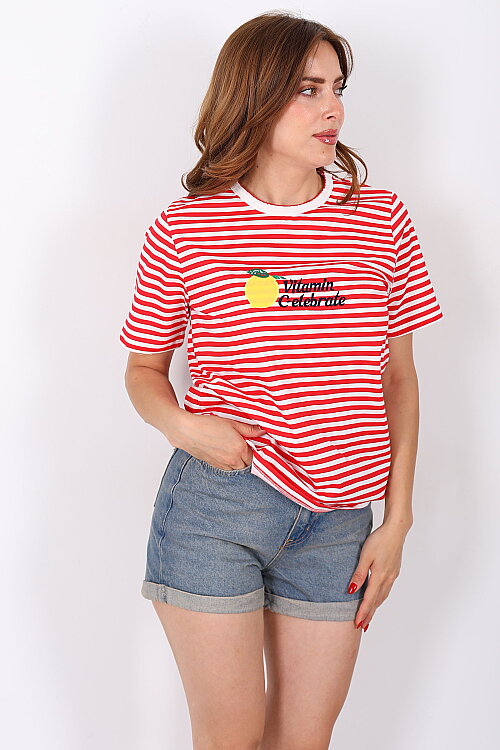 Limon Baskılı Çizgili Kırmızı Kadın T-Shirt - 3
