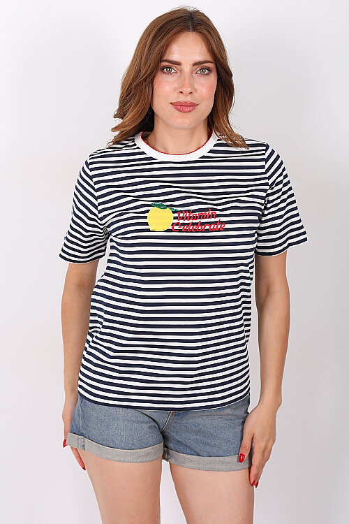 Limon Baskılı Çizgili Lacivert Kadın T-Shirt - 4