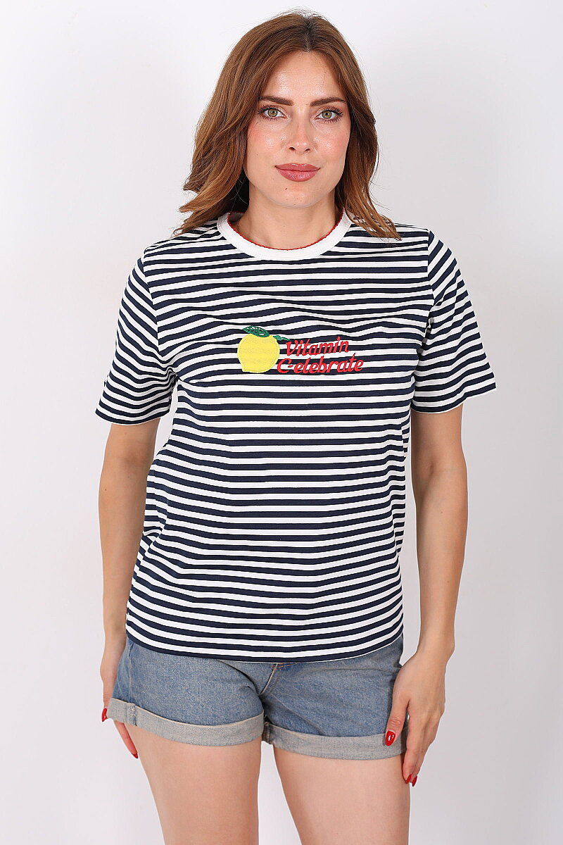 Limon Baskılı Çizgili Lacivert Kadın T-Shirt - 4