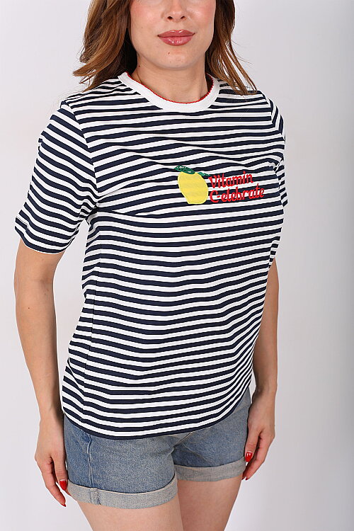 Limon Baskılı Çizgili Lacivert Kadın T-Shirt - Berox (1)