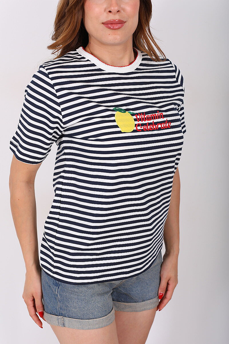 Limon Baskılı Çizgili Lacivert Kadın T-Shirt - 2