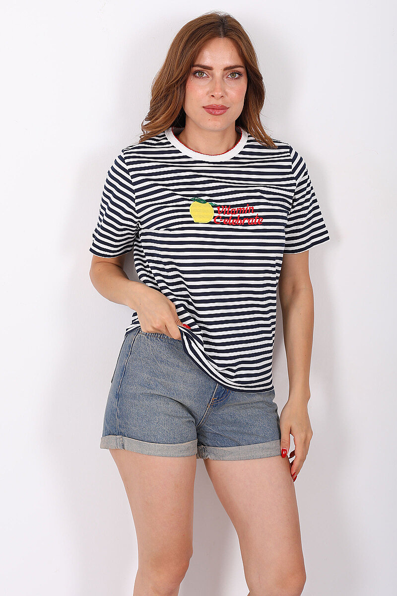 Limon Baskılı Çizgili Lacivert Kadın T-Shirt - 1