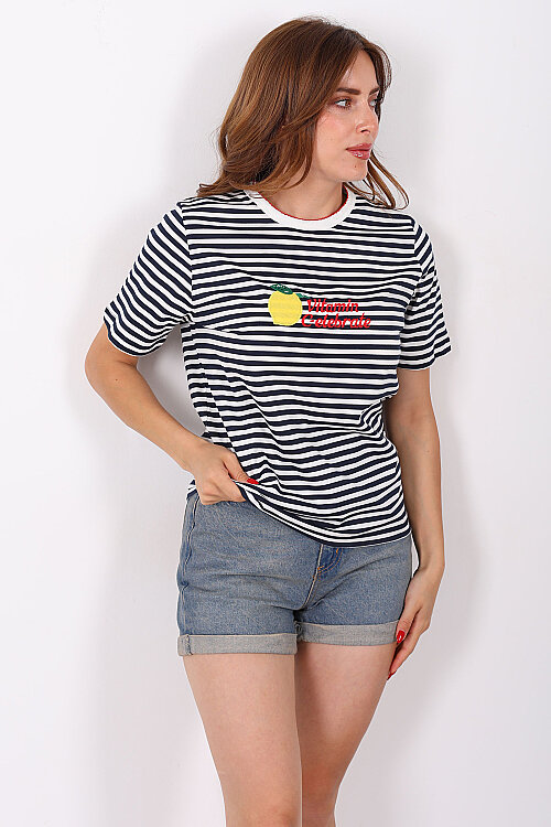 Limon Baskılı Çizgili Lacivert Kadın T-Shirt - 3