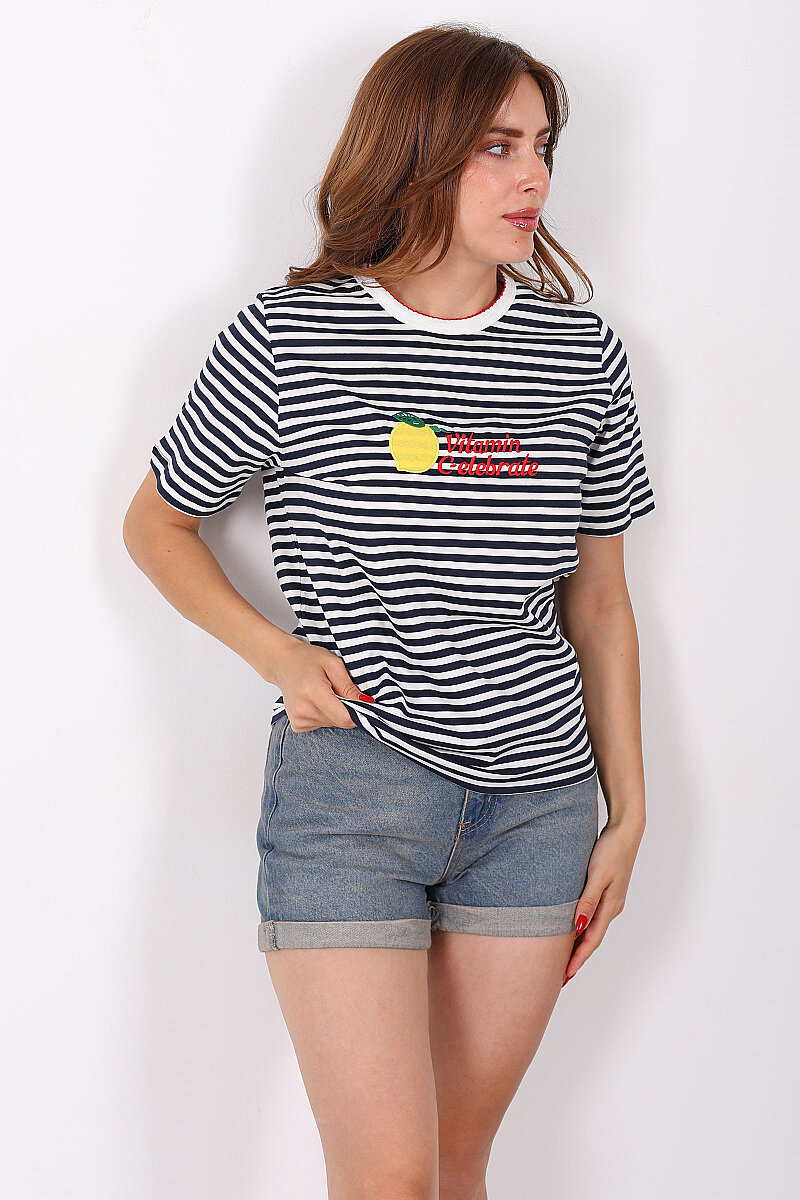 Limon Baskılı Çizgili Lacivert Kadın T-Shirt - 3