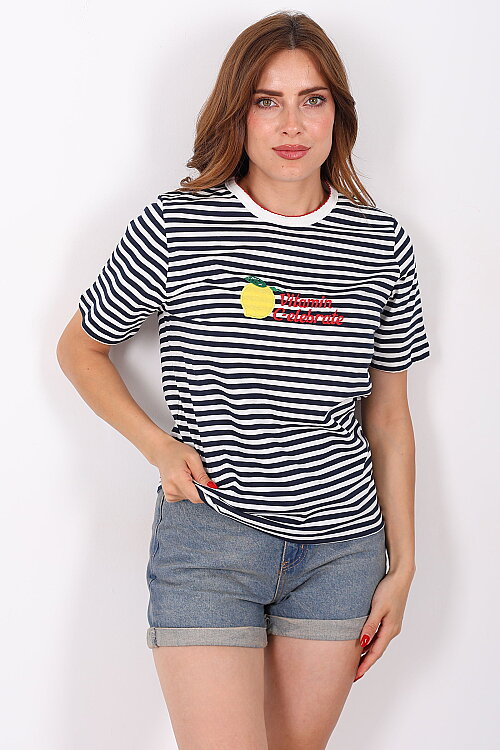 Limon Baskılı Çizgili Lacivert Kadın T-Shirt - 6