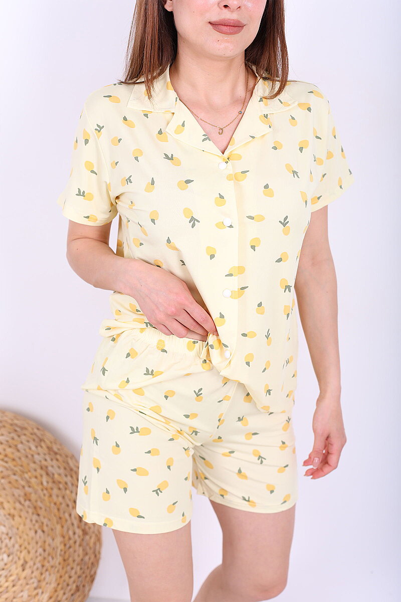 Limon Desenli Düğmeli Sarı Kadın Şortlu Pijama Takımı - 2