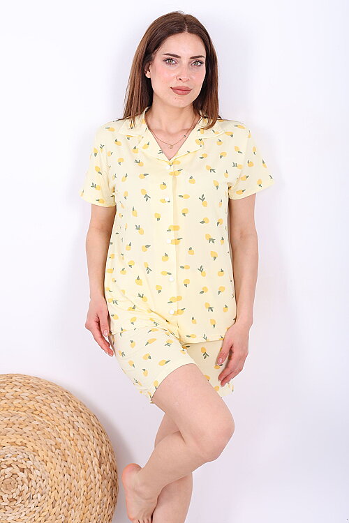 Limon Desenli Düğmeli Sarı Kadın Şortlu Pijama Takımı - 3