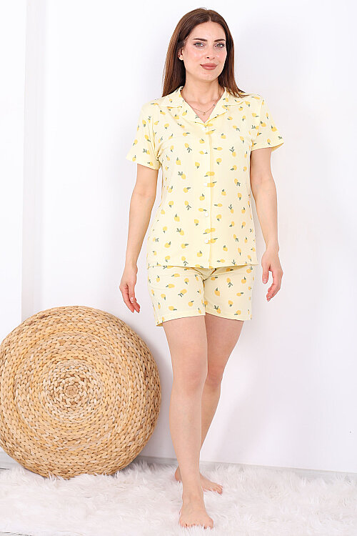 Limon Desenli Düğmeli Sarı Kadın Şortlu Pijama Takımı - 4
