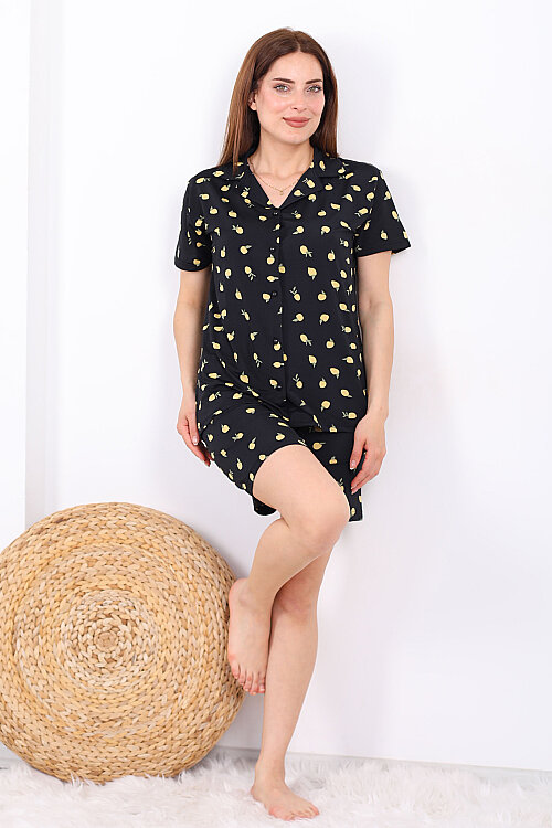 Limon Desenli Düğmeli Siyah Kadın Şortlu Pijama Takımı - 3