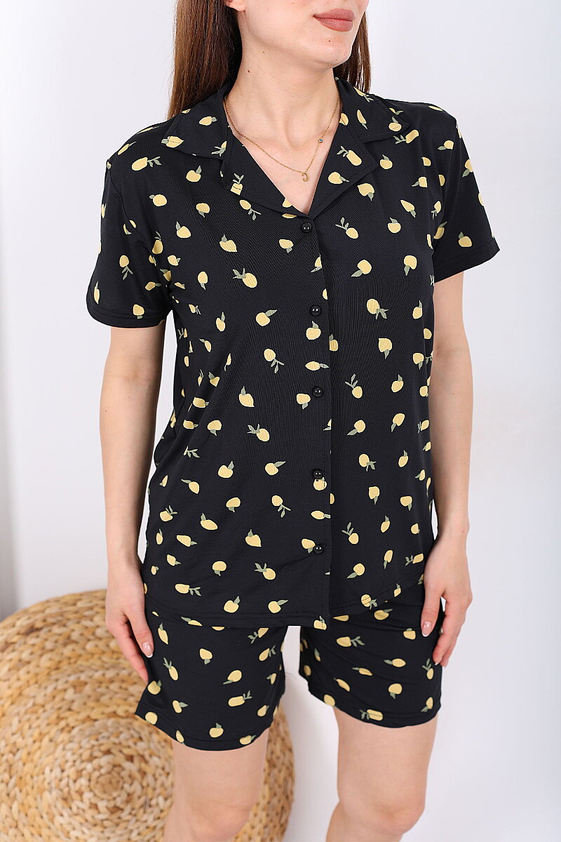 Limon Desenli Düğmeli Siyah Kadın Şortlu Pijama Takımı - 2