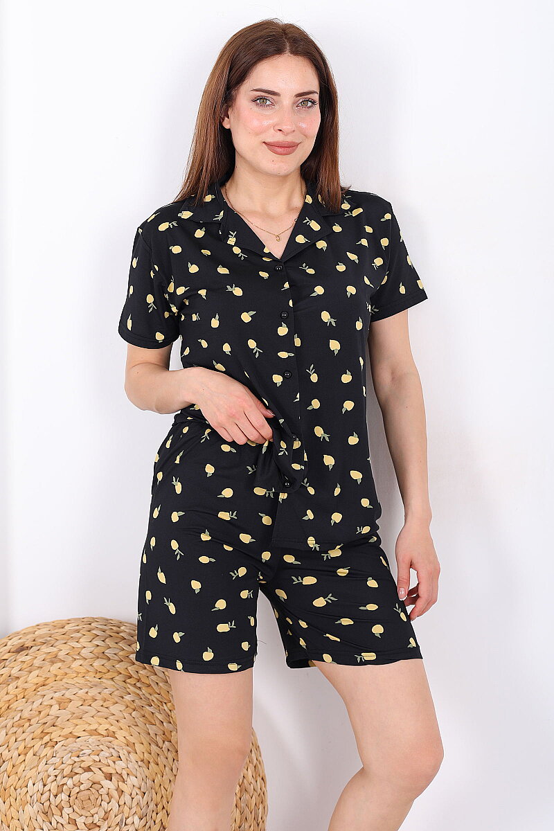 Limon Desenli Düğmeli Siyah Kadın Şortlu Pijama Takımı - 1