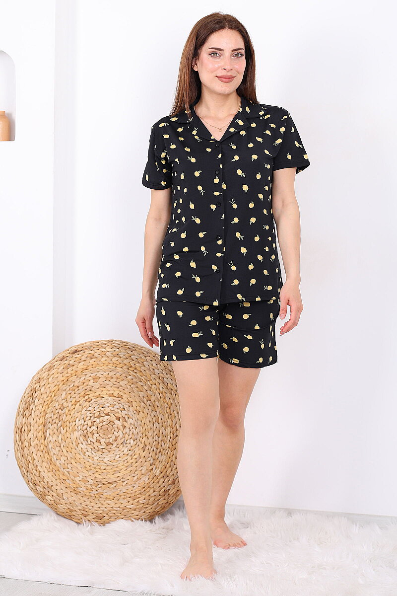 Limon Desenli Düğmeli Siyah Kadın Şortlu Pijama Takımı - 6