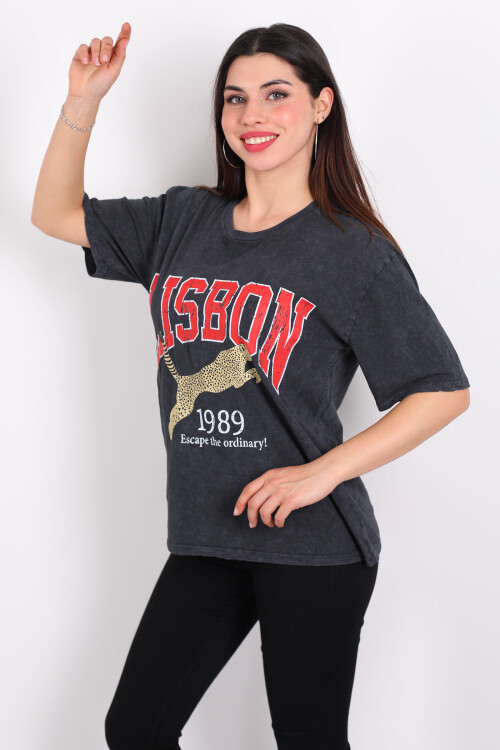Lisbon Baskılı Yıkamalı Oversize Antrasit Kadın T-Shirt - 4