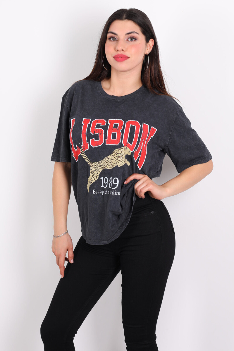 Lisbon Baskılı Yıkamalı Oversize Antrasit Kadın T-Shirt - 5