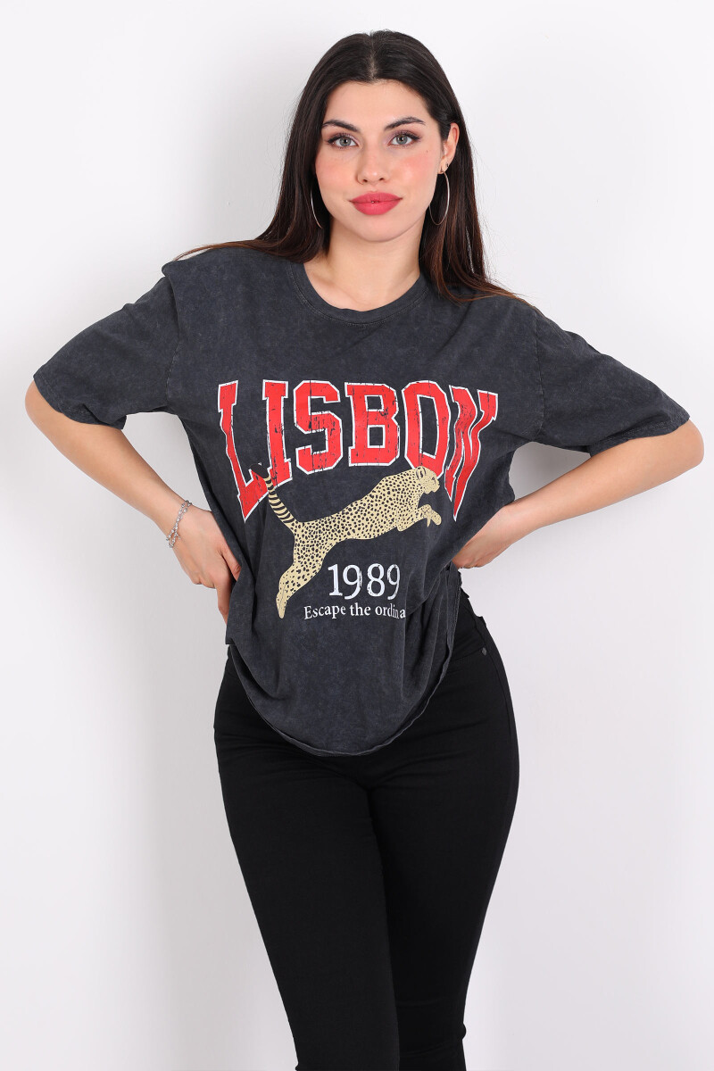 Lisbon Baskılı Yıkamalı Oversize Antrasit Kadın T-Shirt - 3