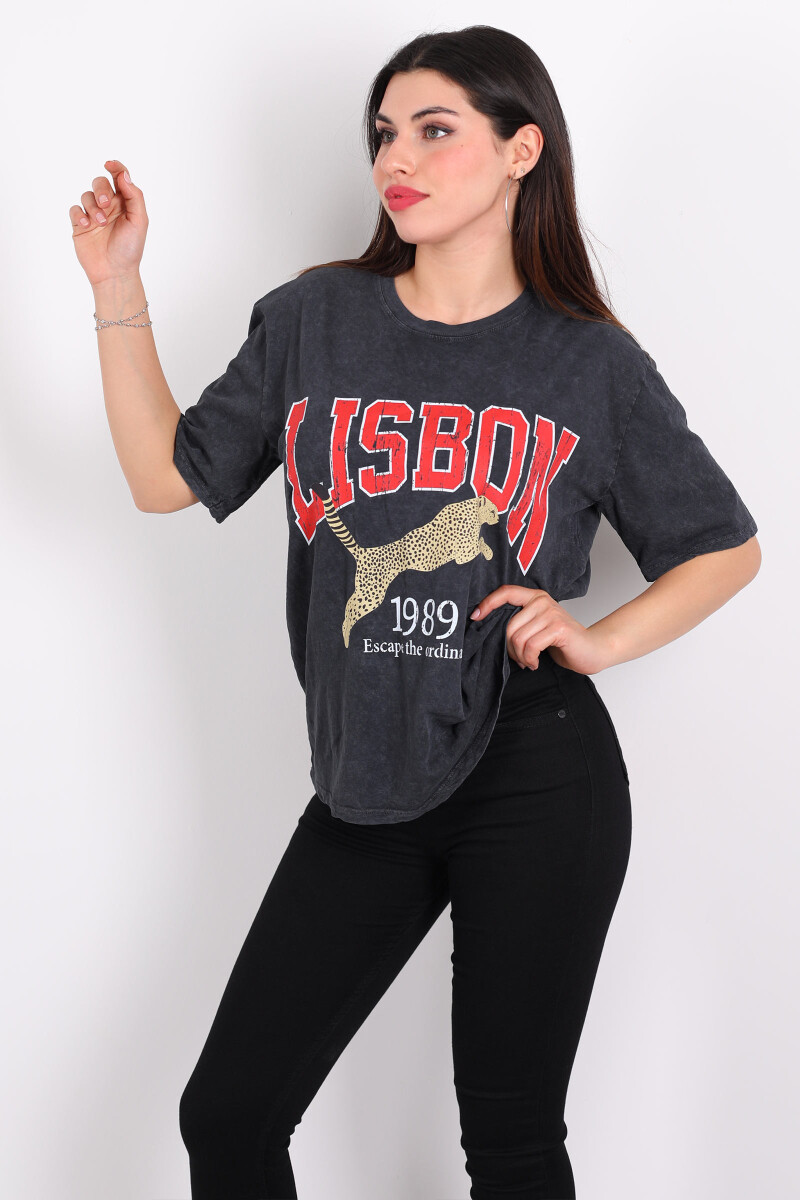 Lisbon Baskılı Yıkamalı Oversize Antrasit Kadın T-Shirt - 1
