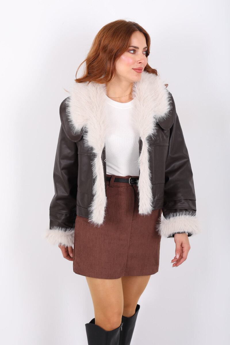 Lolita Garnili Acı Kahve Kadın Deri Mont - 5