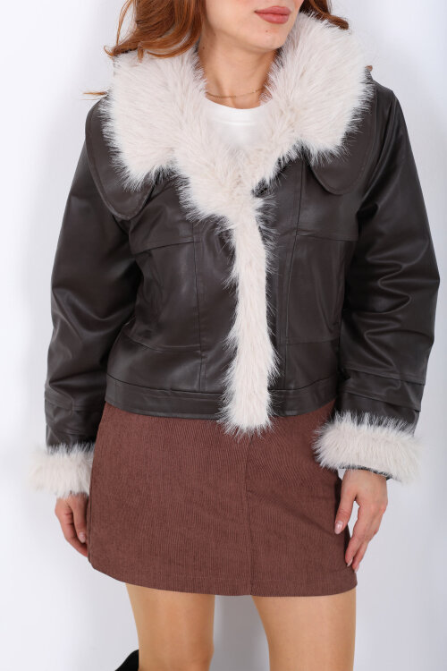 Lolita Garnili Acı Kahve Kadın Deri Mont - Berox (1)