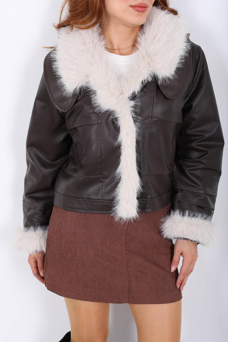 Lolita Garnili Acı Kahve Kadın Deri Mont - 2