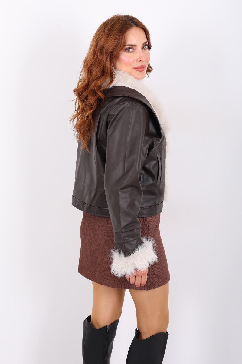 Lolita Garnili Acı Kahve Kadın Deri Mont - 6