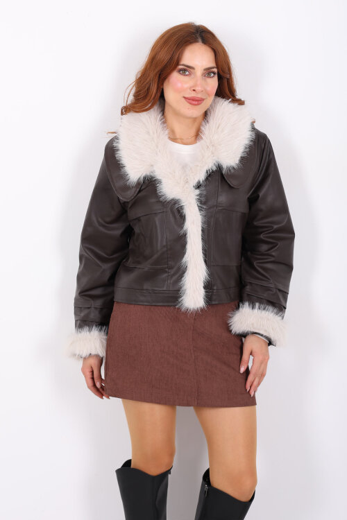 Lolita Garnili Acı Kahve Kadın Deri Mont - 4