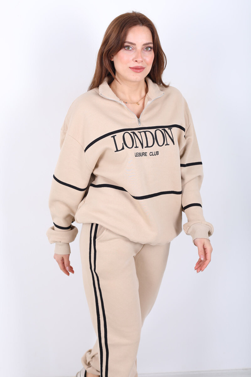 London Nakışlı Dik Yaka Bej Üç İplik Kadın Takım - 4