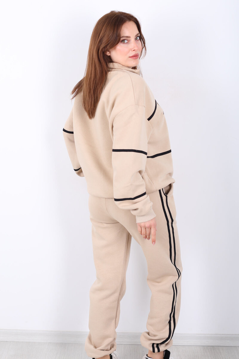 London Nakışlı Dik Yaka Bej Üç İplik Kadın Takım - 5