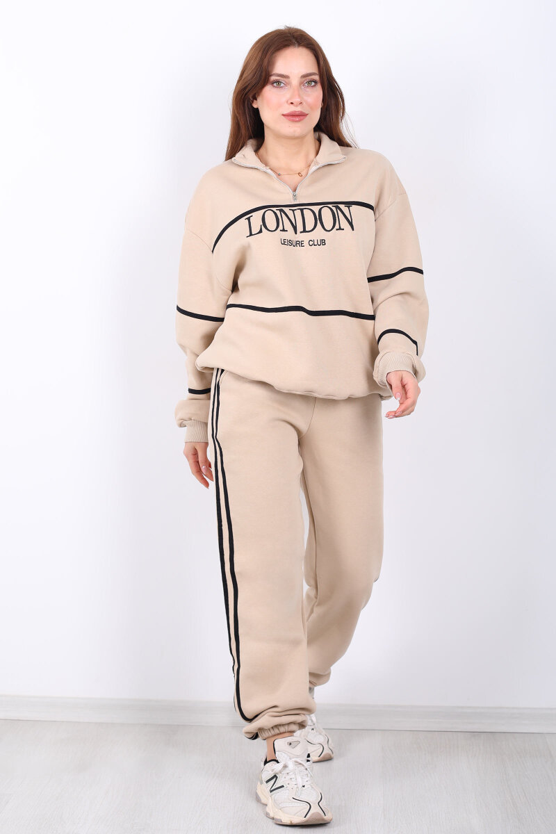 London Nakışlı Dik Yaka Bej Üç İplik Kadın Takım - 3