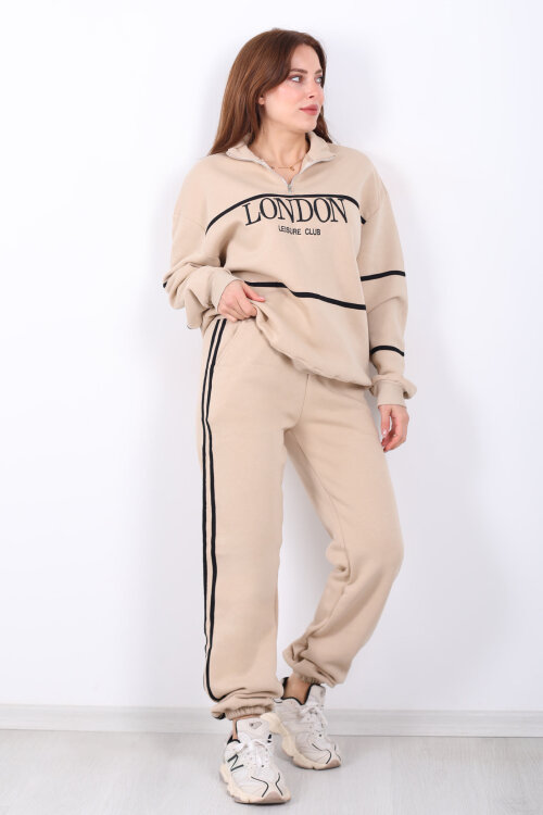 London Nakışlı Dik Yaka Bej Üç İplik Kadın Takım - 6