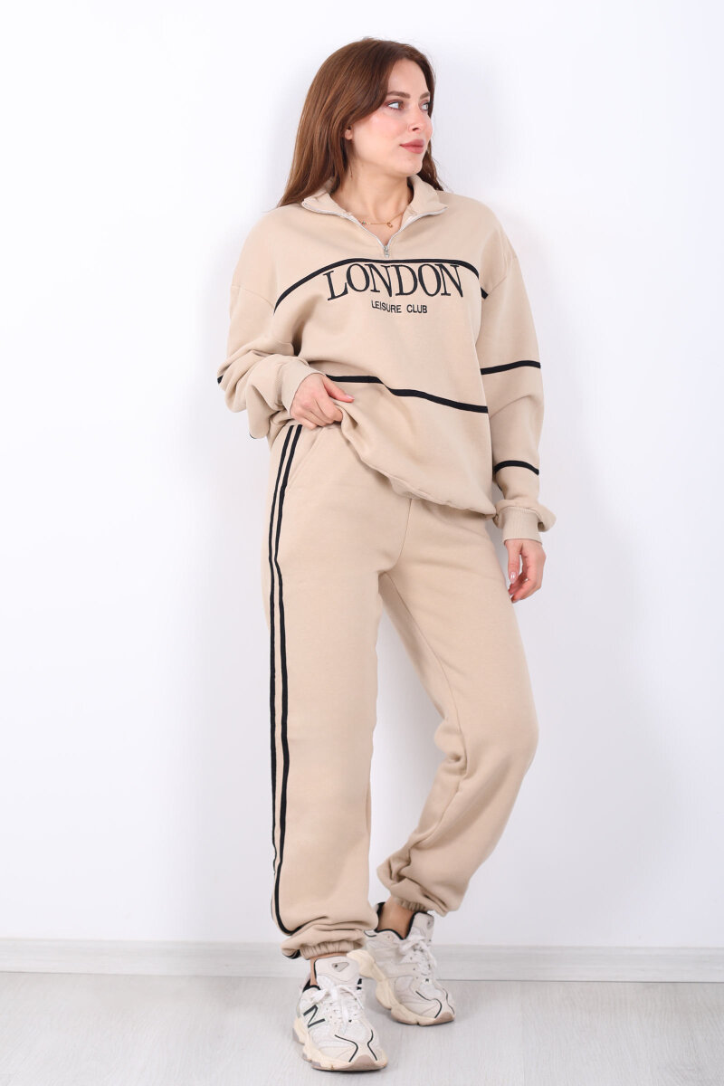 London Nakışlı Dik Yaka Bej Üç İplik Kadın Takım - 6