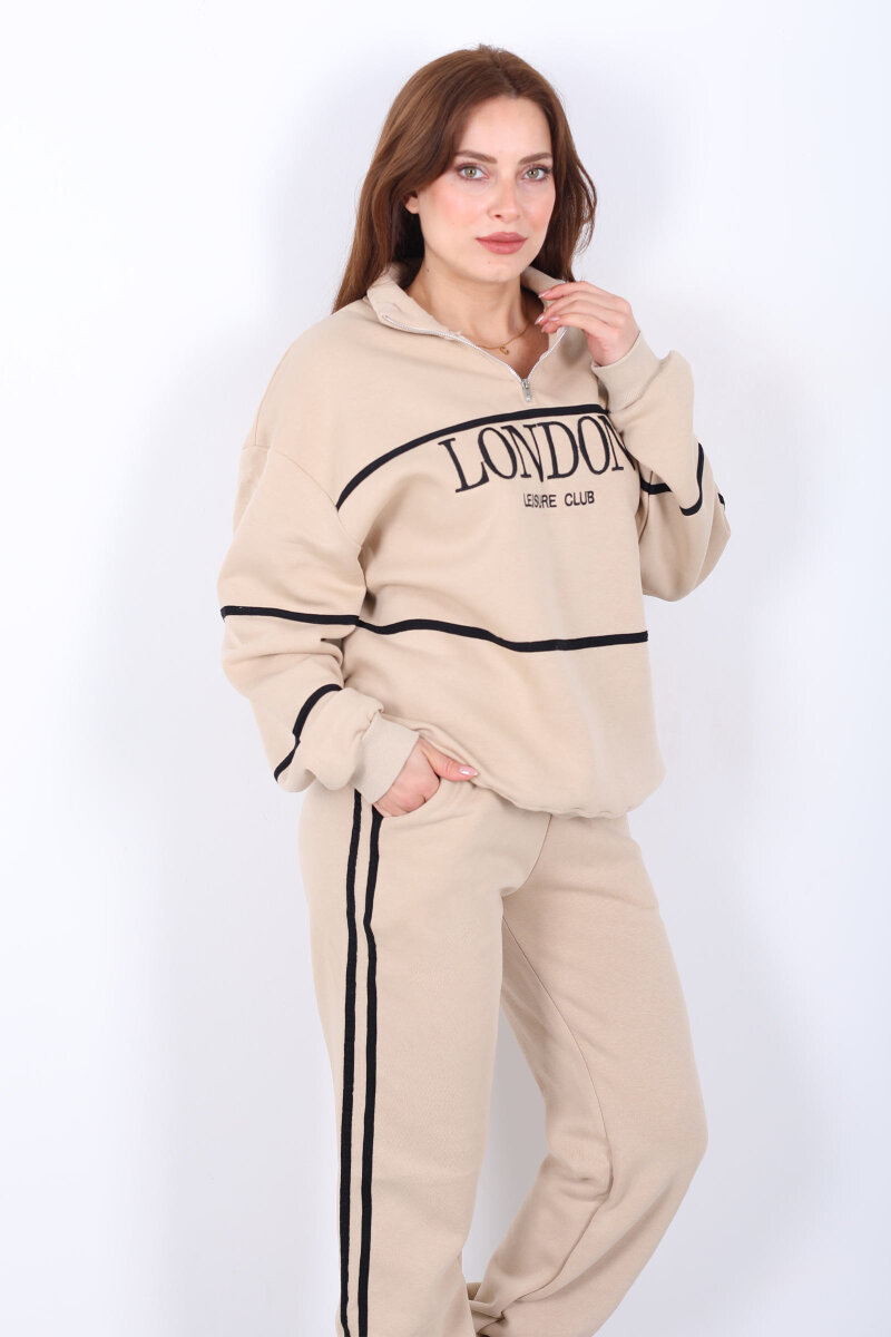 London Nakışlı Dik Yaka Bej Üç İplik Kadın Takım - 1