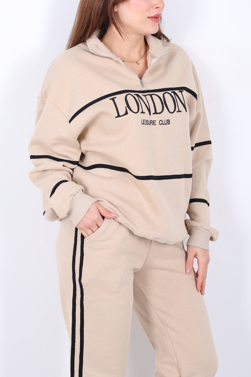 London Nakışlı Dik Yaka Bej Üç İplik Kadın Takım - 2
