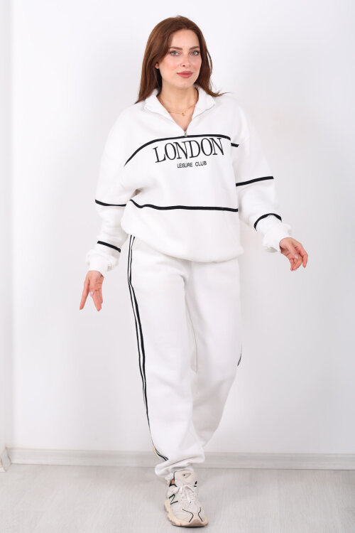 London Nakışlı Dik Yaka Beyaz Üç İplik Kadın Takım - 7