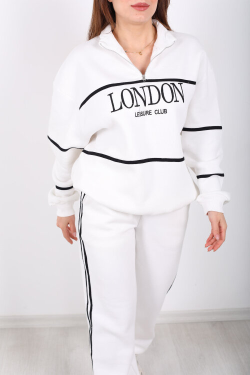 London Nakışlı Dik Yaka Beyaz Üç İplik Kadın Takım - 2