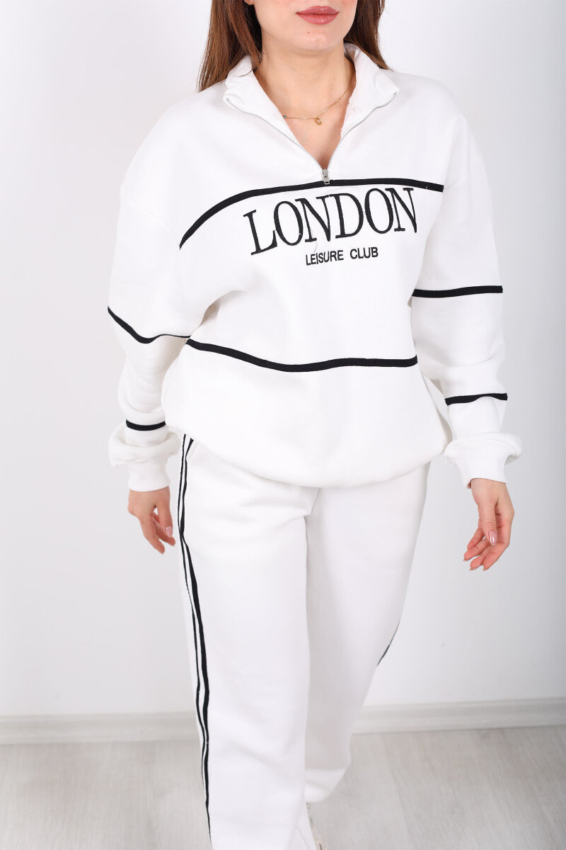 London Nakışlı Dik Yaka Beyaz Üç İplik Kadın Takım - 2