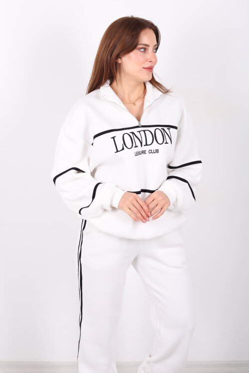 London Nakışlı Dik Yaka Beyaz Üç İplik Kadın Takım - 3