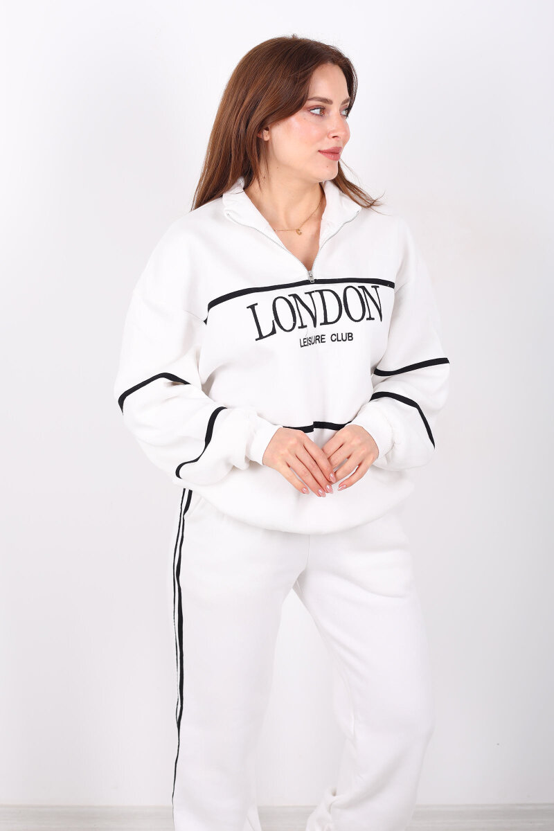 London Nakışlı Dik Yaka Beyaz Üç İplik Kadın Takım - 3