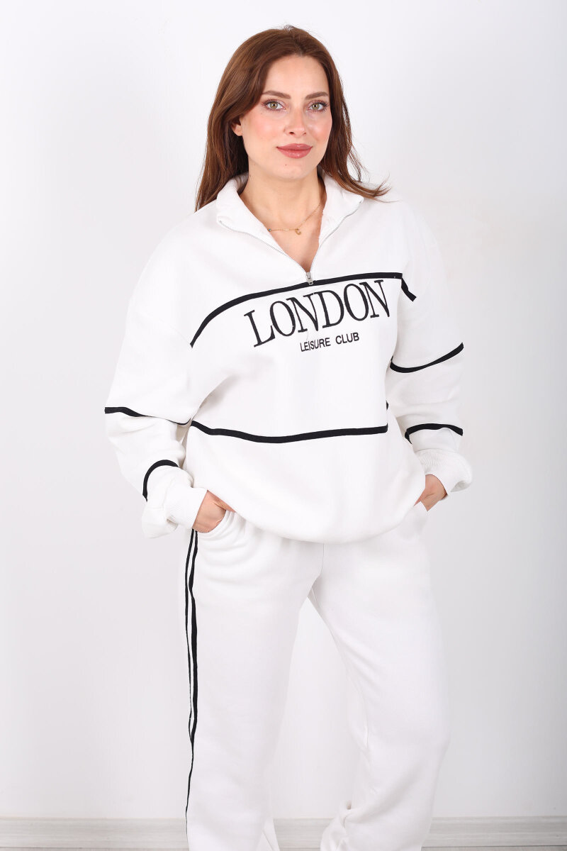 London Nakışlı Dik Yaka Beyaz Üç İplik Kadın Takım - 4