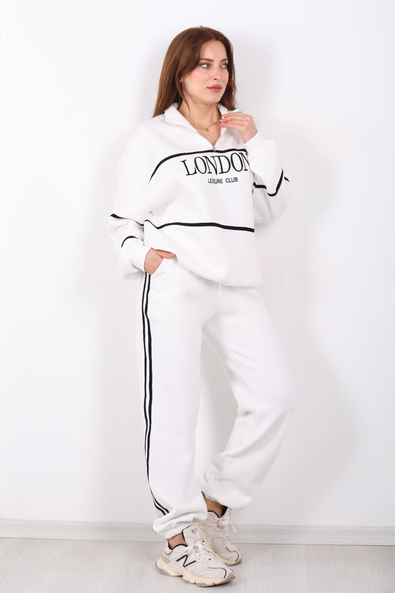 London Nakışlı Dik Yaka Beyaz Üç İplik Kadın Takım - 1
