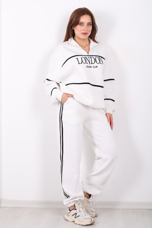 London Nakışlı Dik Yaka Beyaz Üç İplik Kadın Takım - 5