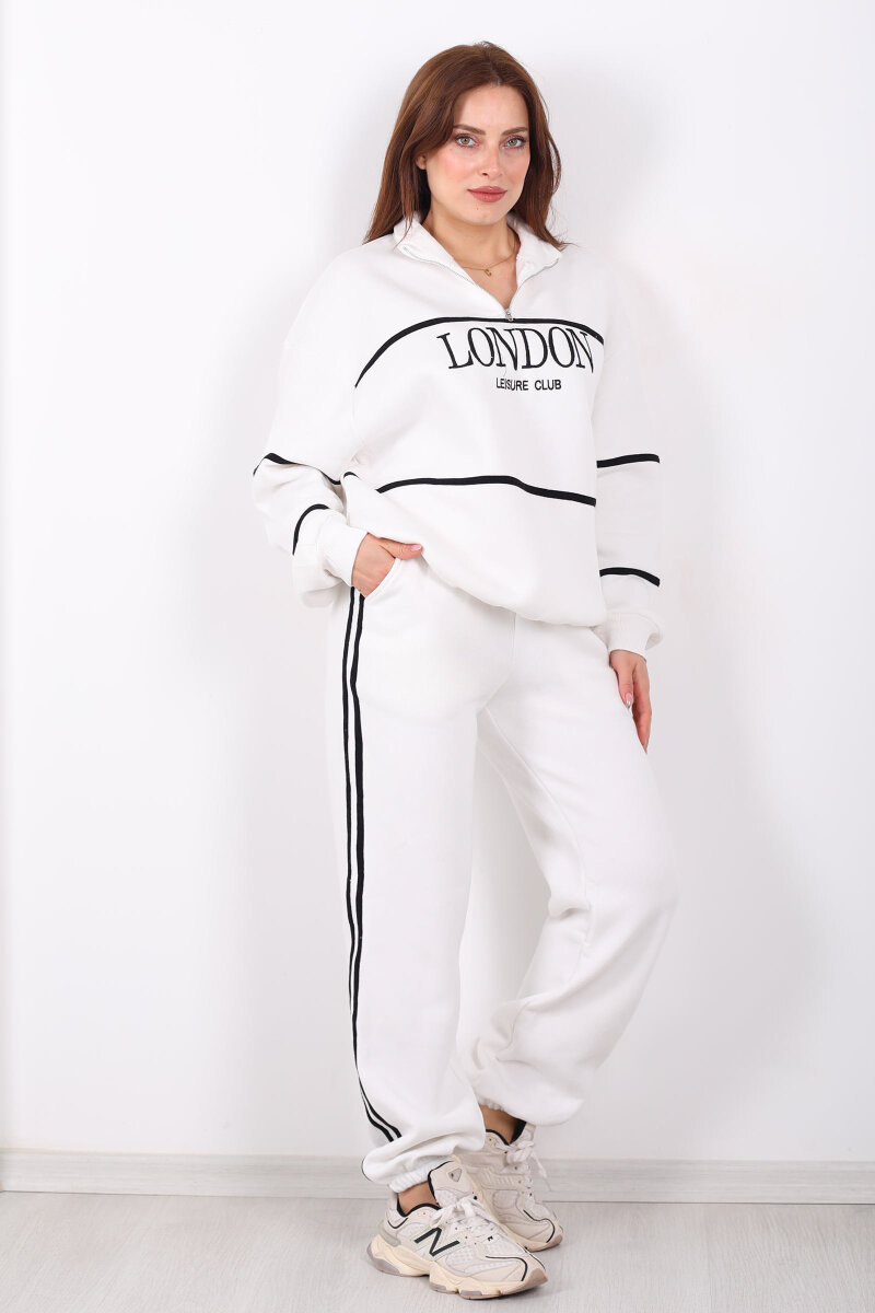 London Nakışlı Dik Yaka Beyaz Üç İplik Kadın Takım - 5